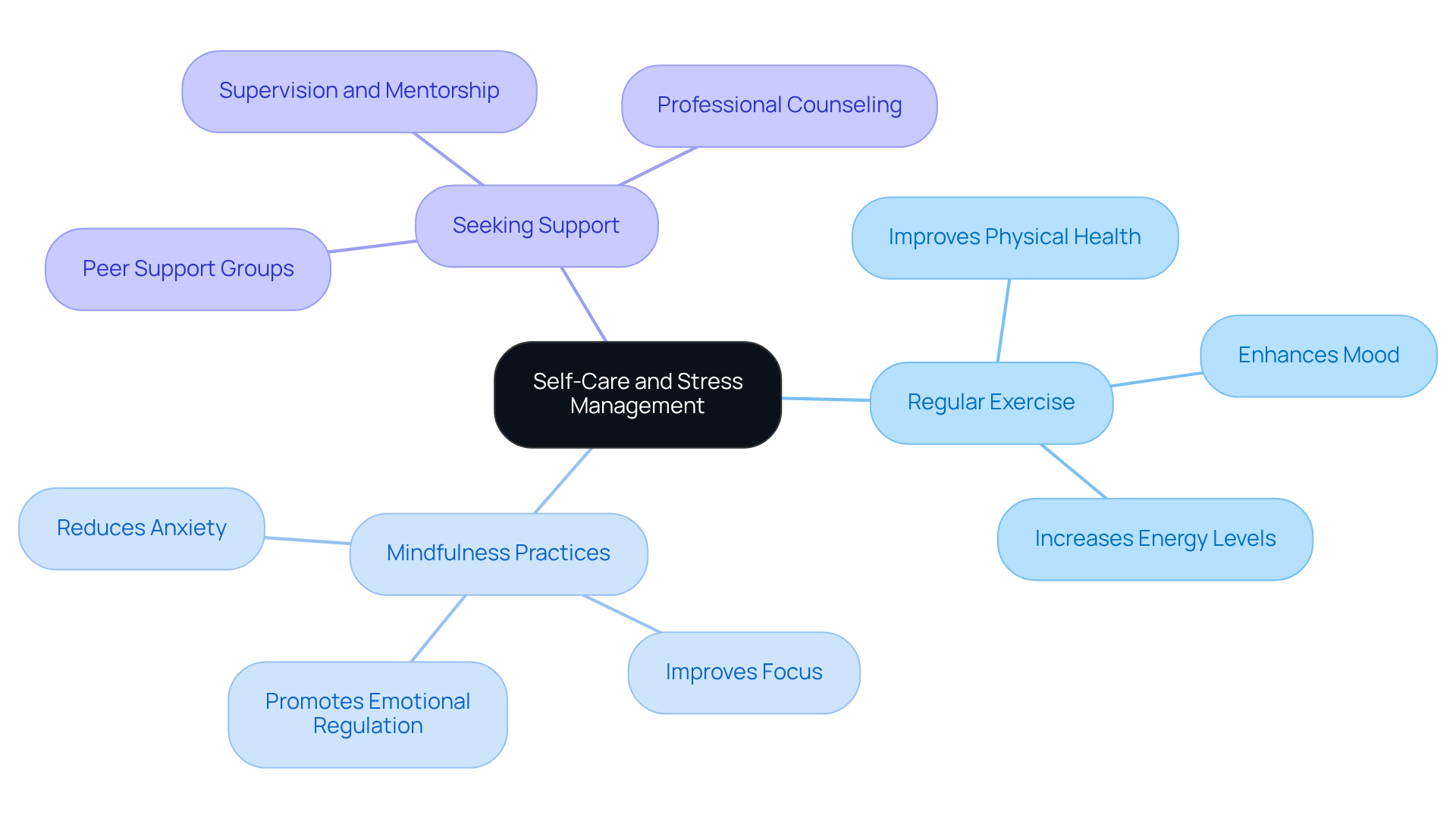 The center shows the importance of self-care, while the branches illustrate various strategies. Each strategy contributes to the technicians' well-being and their ability to support clients effectively.
