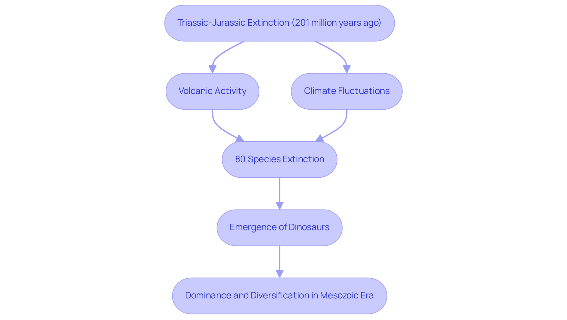 This flowchart shows how volcanic activity and climate changes caused a mass extinction, leading to the rise of dinosaurs. Each box represents a key stage in this transformative period.