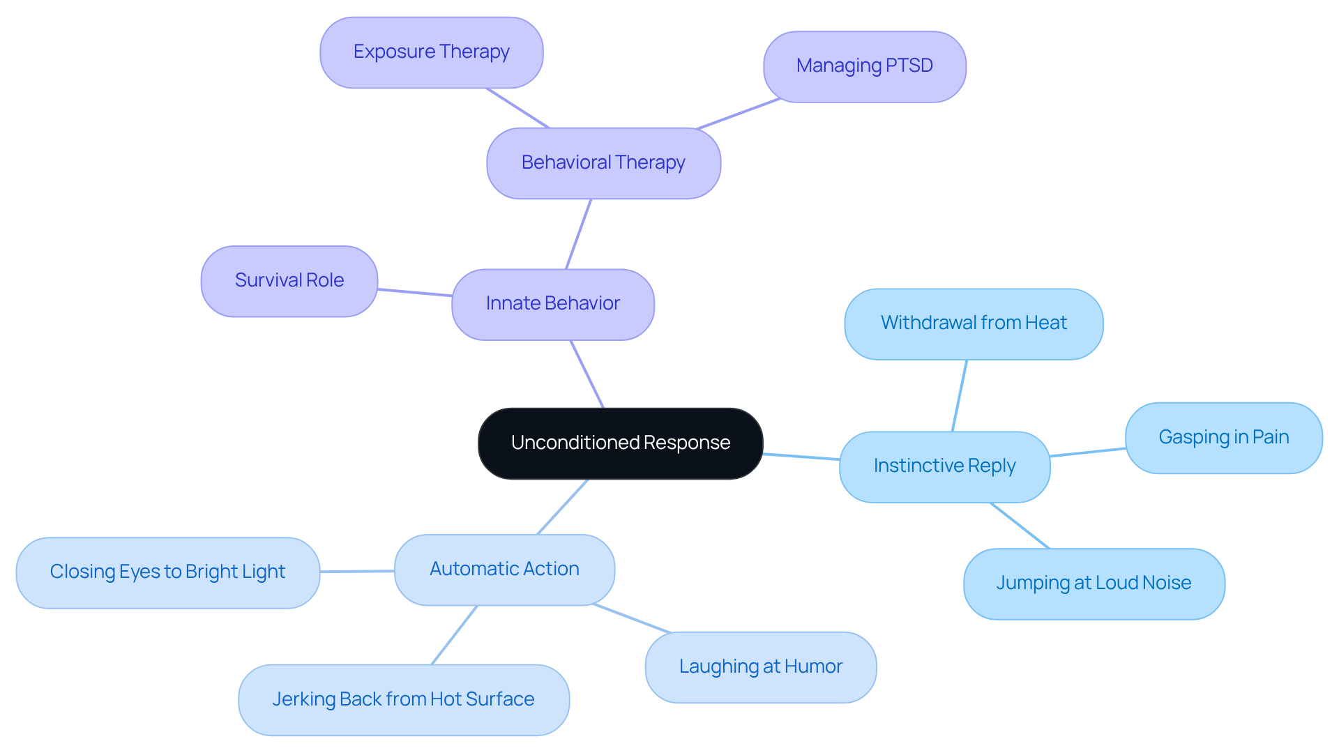 The center represents the main concept of unconditioned response, with branches showing its characteristics, examples, and significance in therapy. Follow the branches to explore how these ideas connect. The center represents the main concept of unconditioned response, with branches showing its characteristics, examples, and significance in therapy. Follow the branches to explore how these ideas connect.