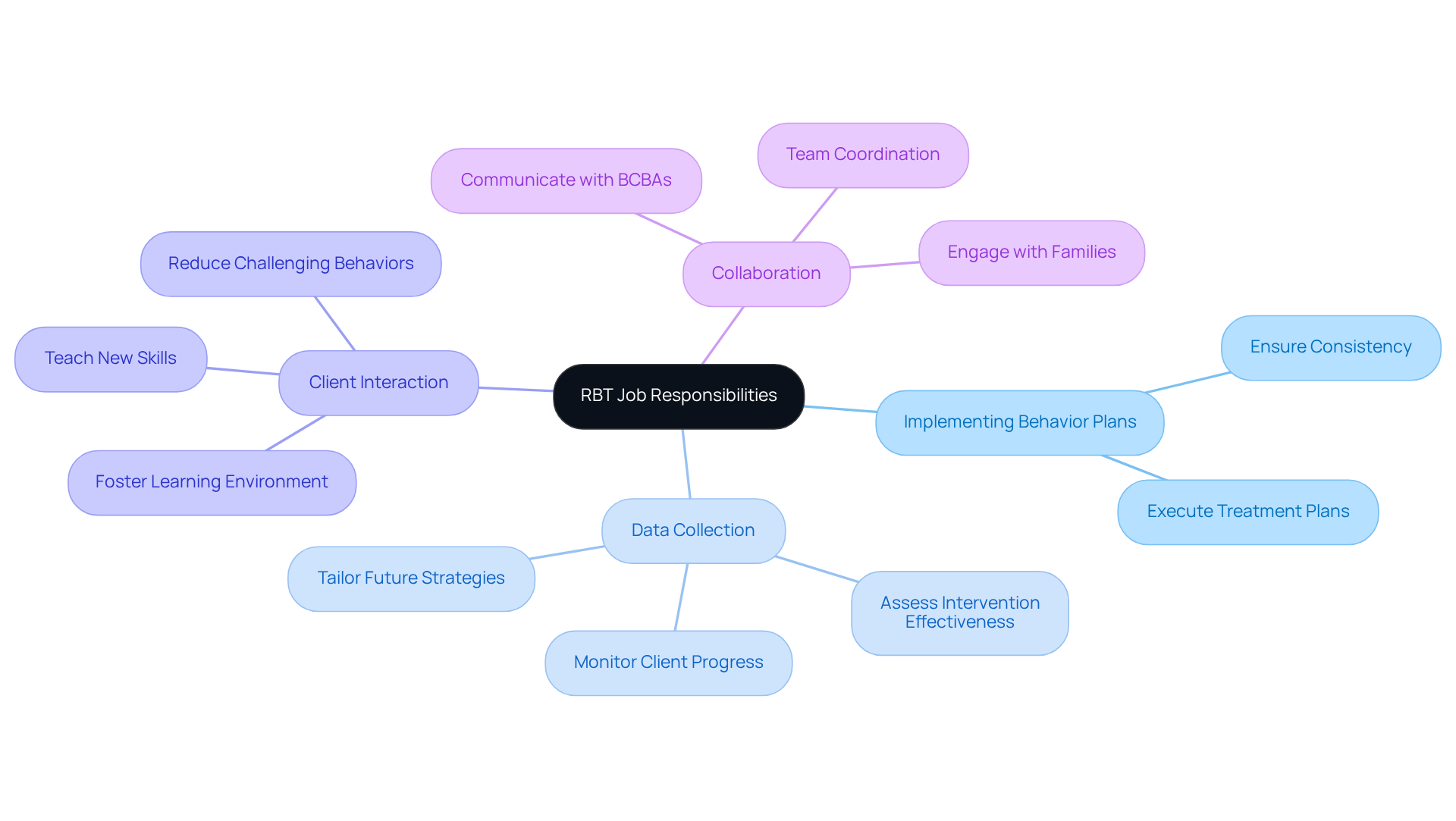 The center represents the core responsibilities of an RBT, while the branches show specific tasks and their importance. Each color-coded branch helps you quickly identify different aspects of the role. The center represents the core responsibilities of an RBT, while the branches show specific tasks and their importance. Each color-coded branch helps you quickly identify different aspects of the role.