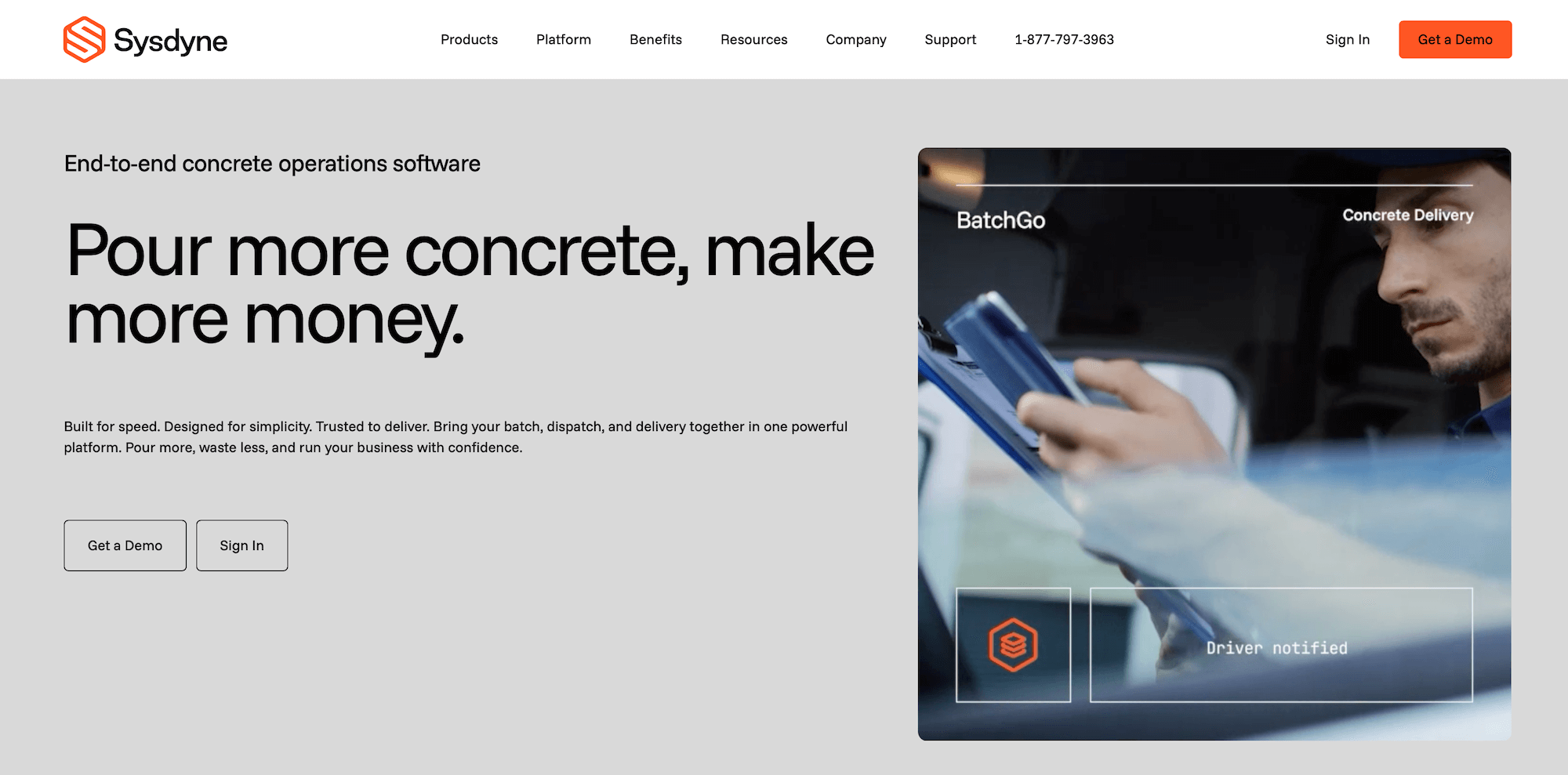 Sysdyne homepage: Pour more concrete, make more money.