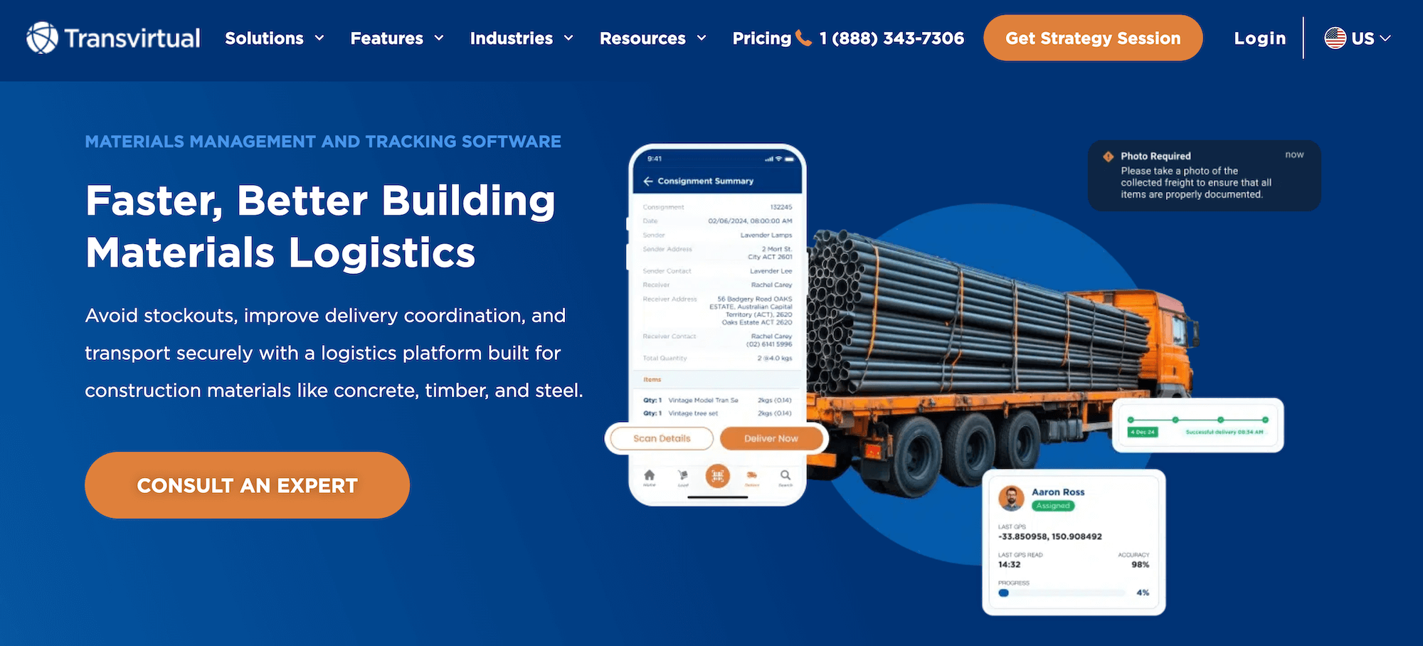 Transvirtual Materials Management landing page: Faster, Better Building Materials Logistics