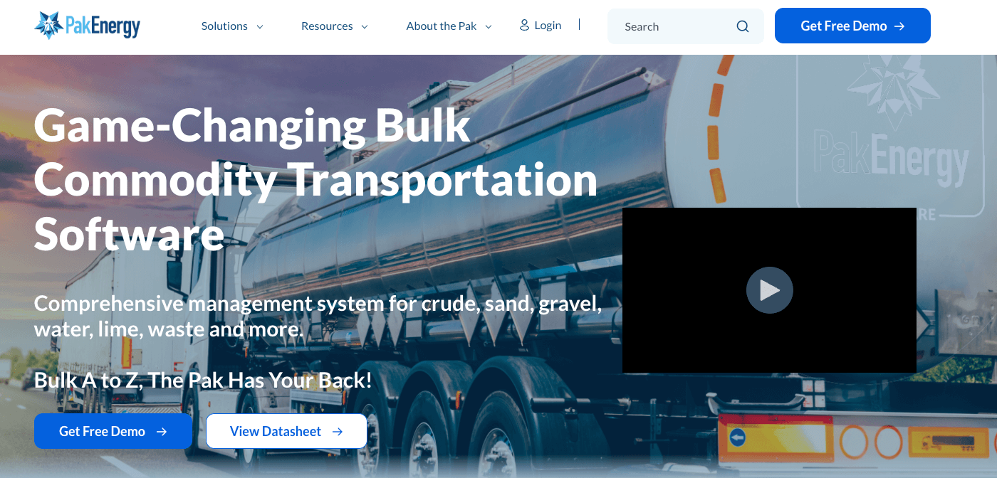 PakEnergy TMS homepage: Game-Changing Bulk Commodity Transportation Software