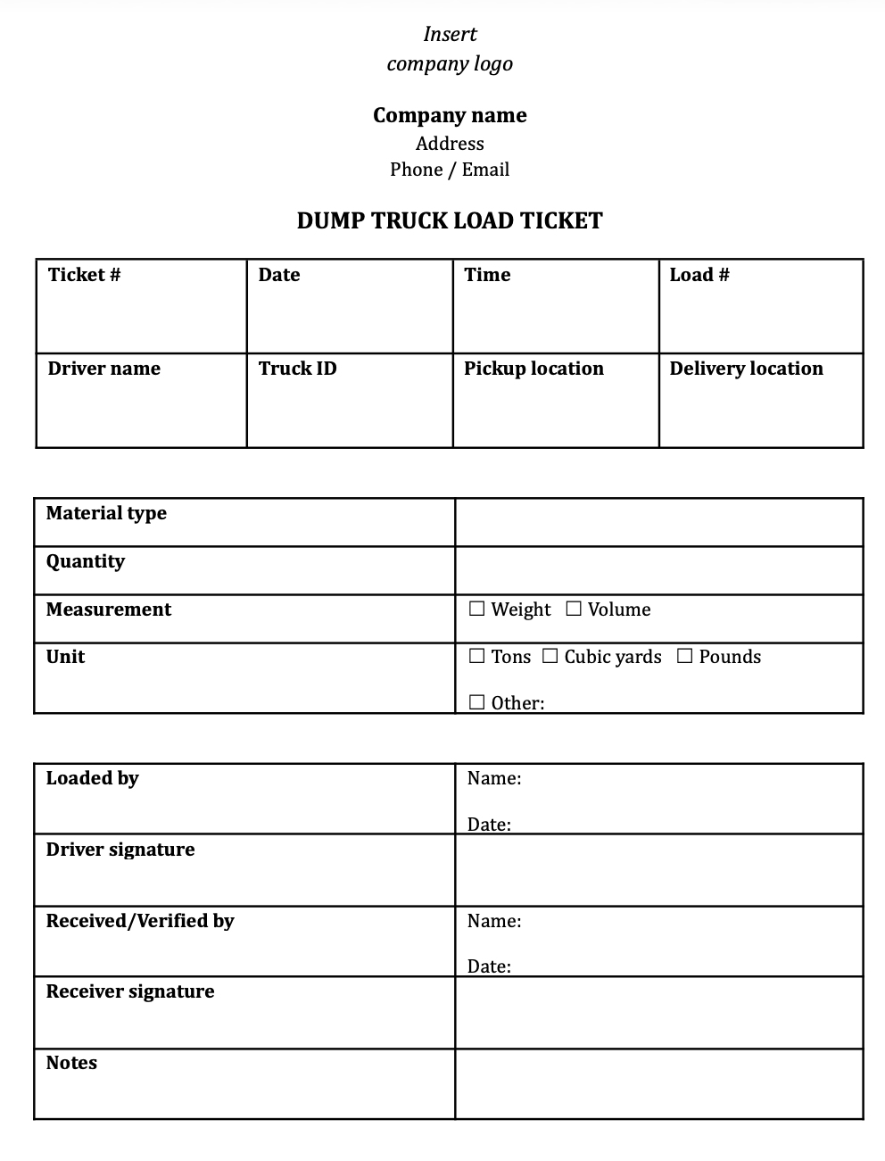 Dump Truck Load Ticket template example