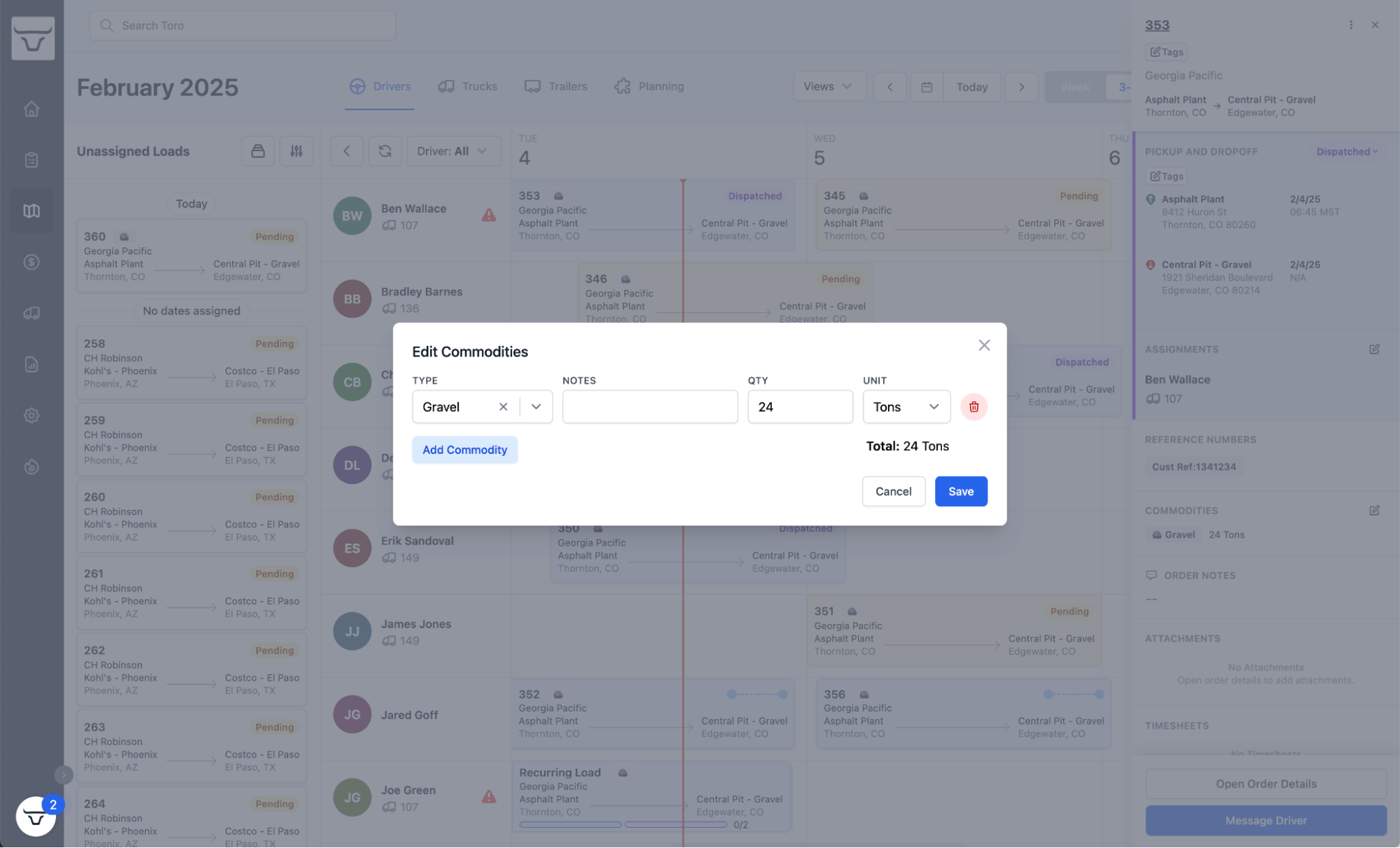 Edit Commodities for Gravel example