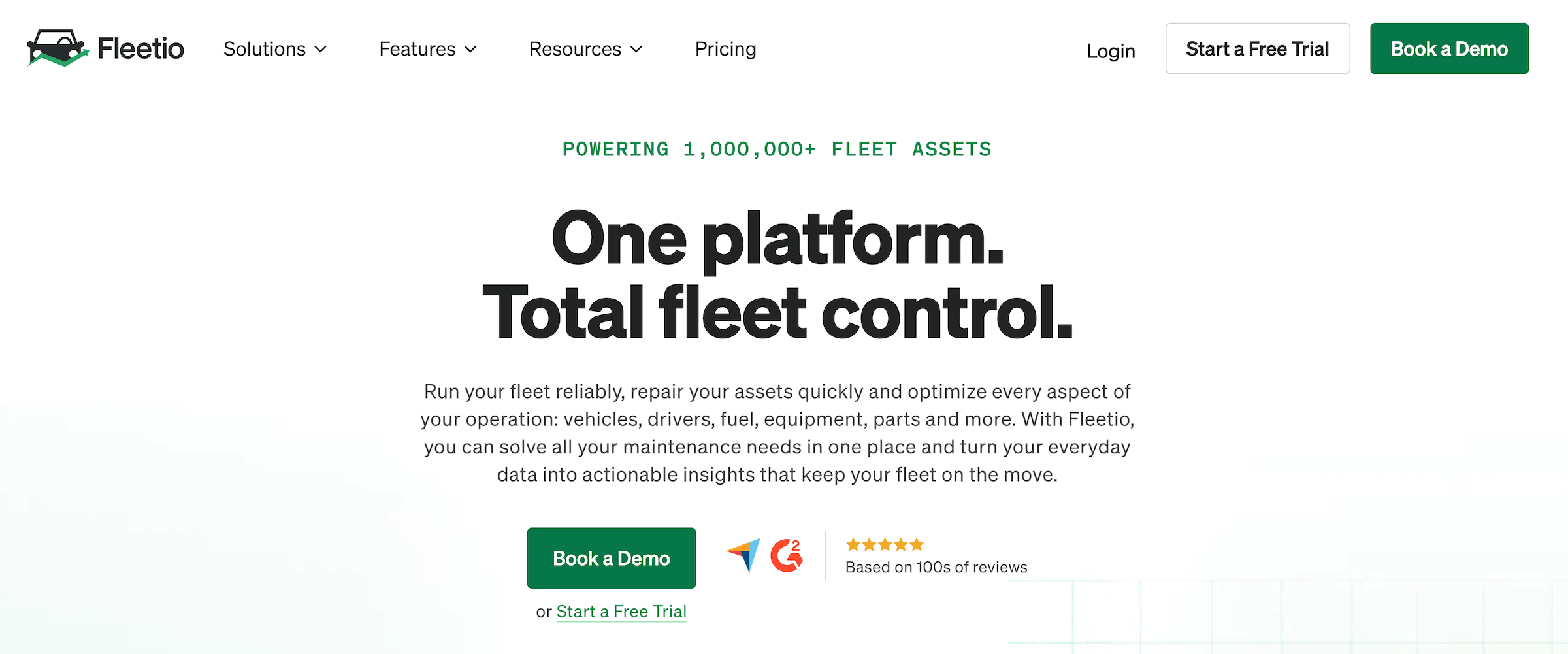 Fleetio homepage: One platform. Total fleet control.