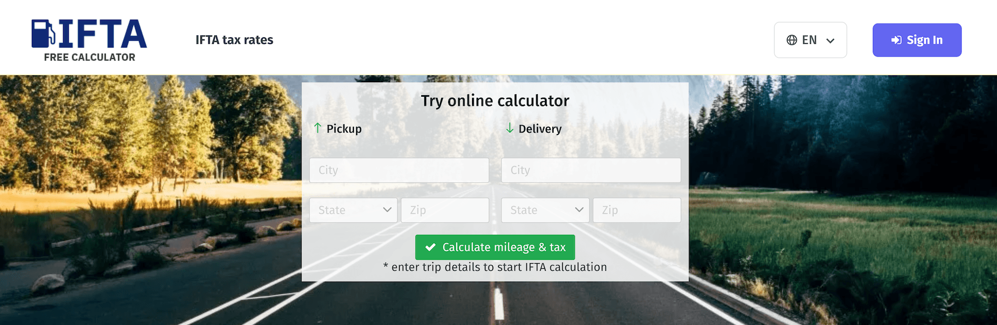 IFTA Free Calculator homepage: Calculate mileage and tax