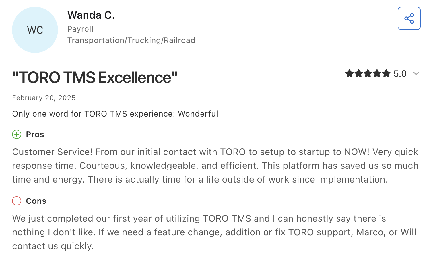Toro TMS Testimonial: Toro TMS Excellence