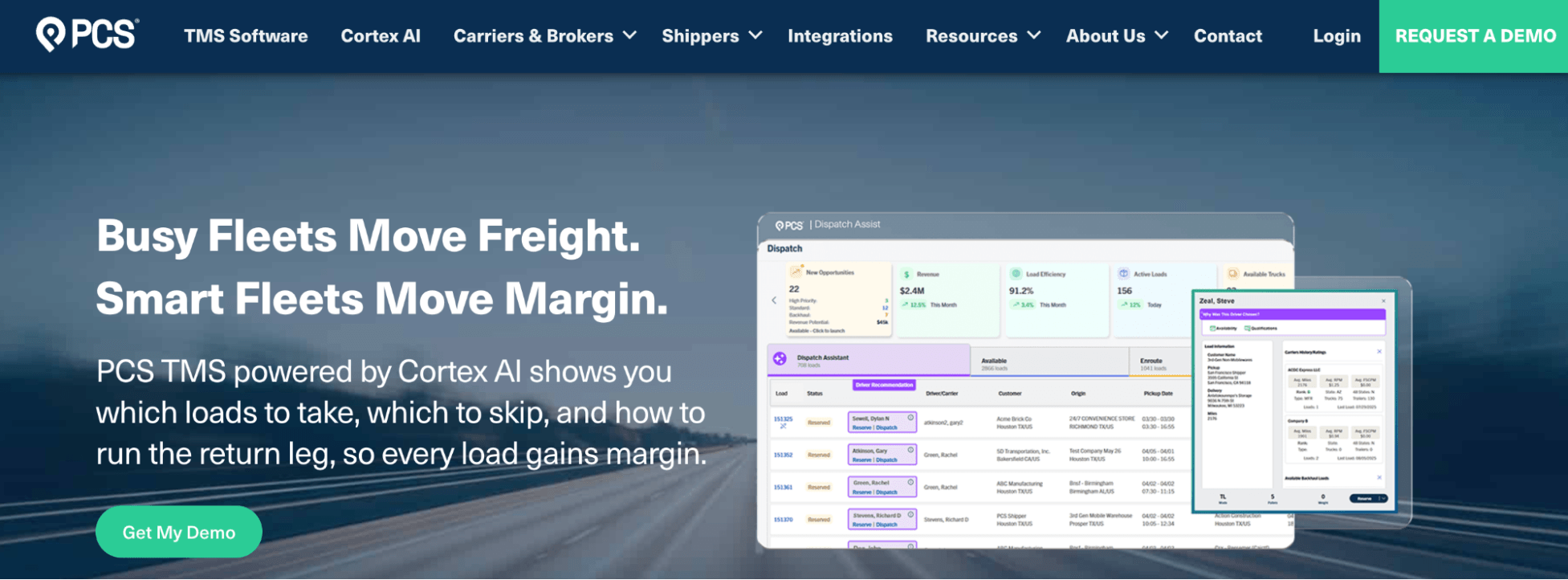 PCS Software homepage: Busy Fleets Move Freight. Smart Fleets Move Margin.f