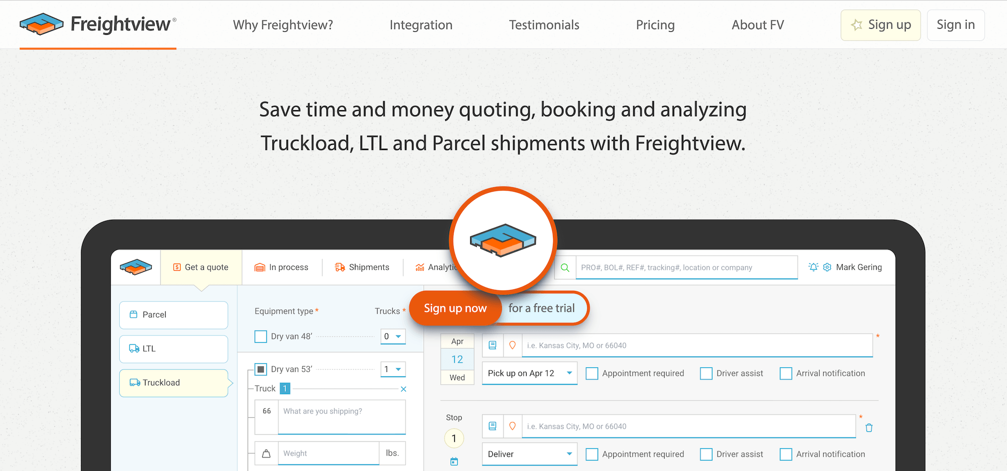 Freightview homepage: Save time and money quoting, booking and analyzing