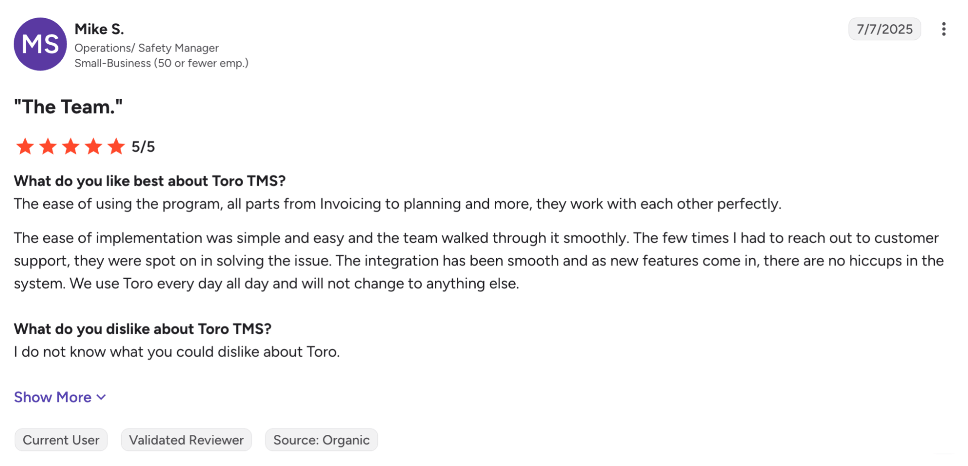Mike S review of Toro TMS: Ease of use, support, features