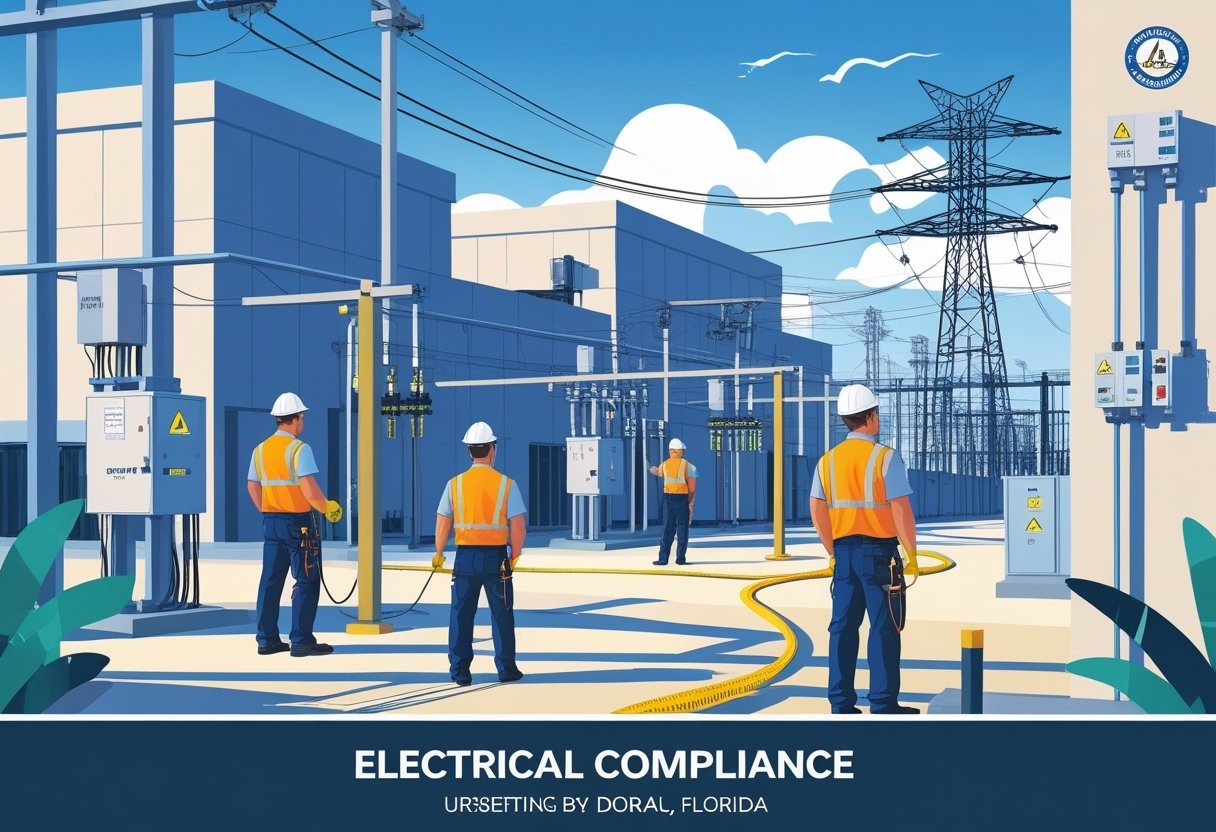 Electricians inspecting electrical systems around commercial and industrial buildings in Doral, ensuring safety and code compliance.