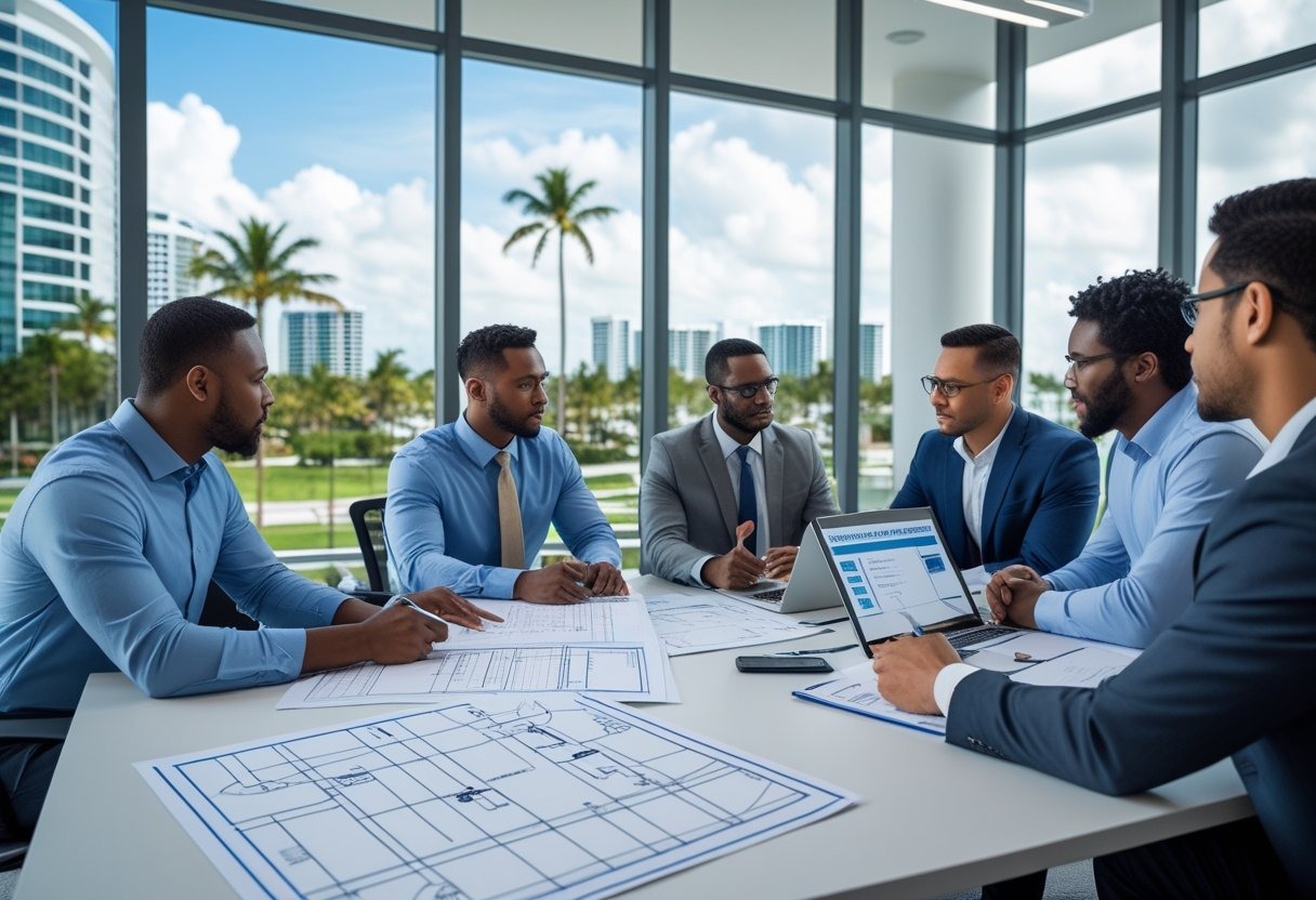 A group of professionals discussing electrical permit documents around a conference table with a Miami city view in the background.
