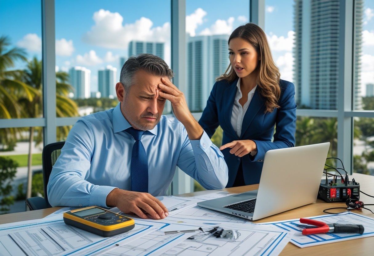 A man and a woman discussing electrical permit documents in an office overlooking Miami, with the man looking stressed and the woman pointing at a laptop screen.
