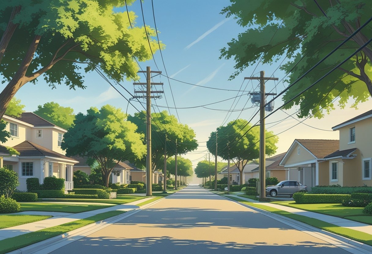 A neighborhood with houses, green trees, and electrical service lines running above the streets, showing safe spacing between tree branches and power lines.