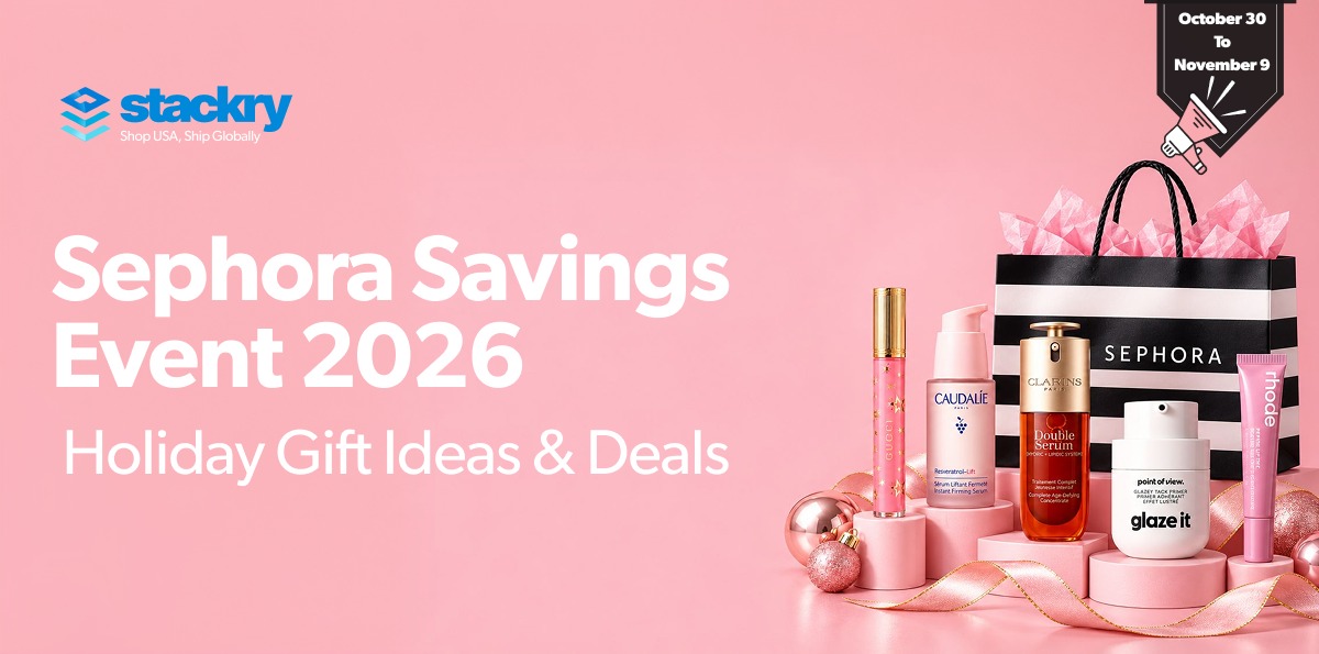 Stackry promotional banner for Sephora Savings Event 2026, October 30 to November 9, featuring Sephora beauty products, skincare, makeup and holiday gift ideas on a pink background.