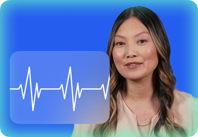 Smiling woman with long hair next to a graphic of a white heartbeat line on a blue square background.