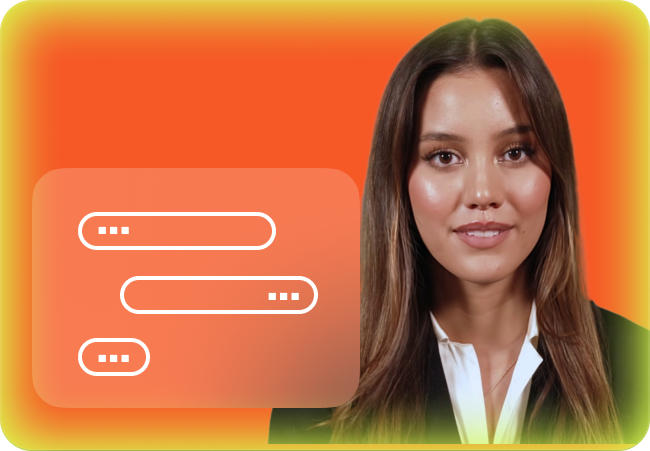 Professional woman with long brown hair and white blouse on an orange background with a chat icon showing multiple message bubbles.