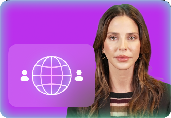 A woman with long brown hair and hoop earrings on a purple background, with a translucent purple square showing a globe icon flanked by two user icons.