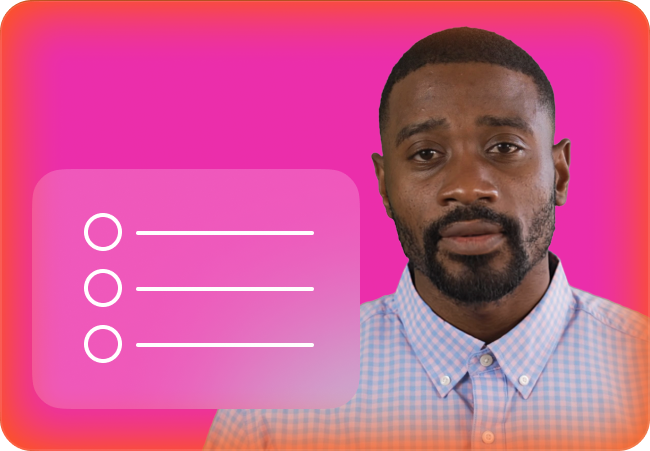 Man in checkered shirt with a digital checklist graphic displaying three bullet points on a pink and orange gradient background.