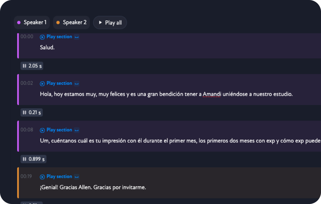 Screenshot of a transcription interface showing dialogue between two speakers in Spanish, with timestamps and play section links.