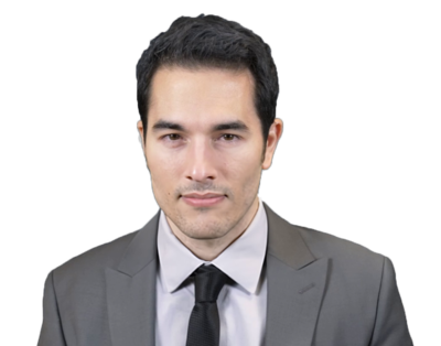 Man with short black hair wearing a gray suit, white shirt, and black tie against a transparent background.