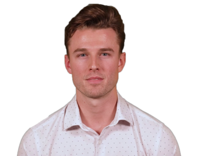 Portrait of a young man with light brown hair wearing a white shirt with small dotted pattern against a transparent background.