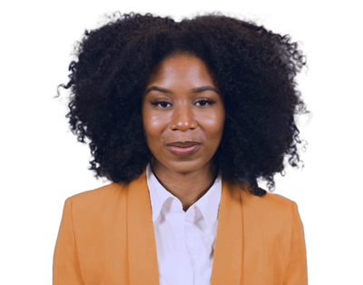 Woman with curly hair wearing an orange blazer and white shirt, looking confidently at the camera.