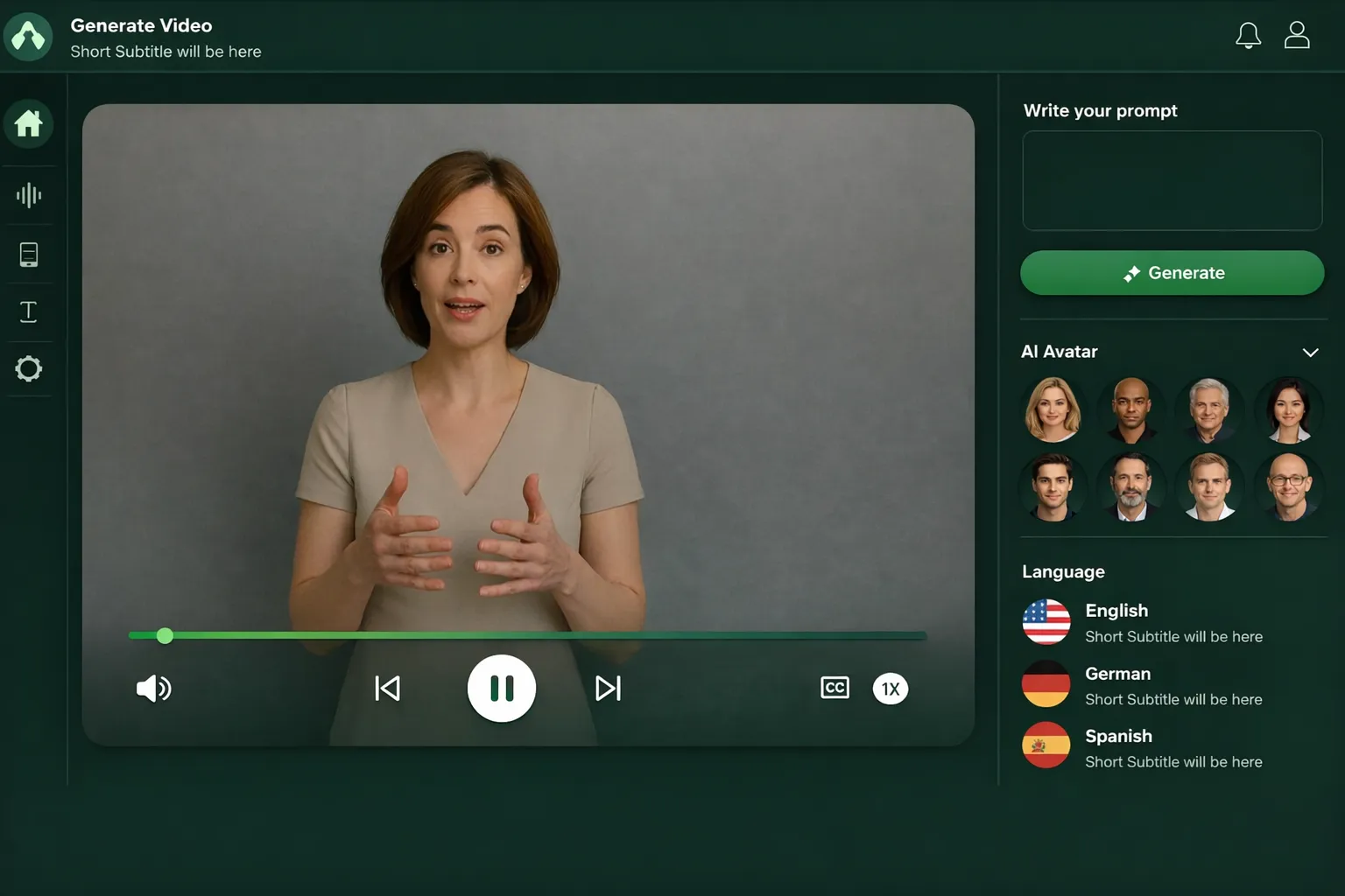 Video generation interface showing a paused video of a woman speaking, avatar selection, prompt input box, and language options including English, German, and Spanish.