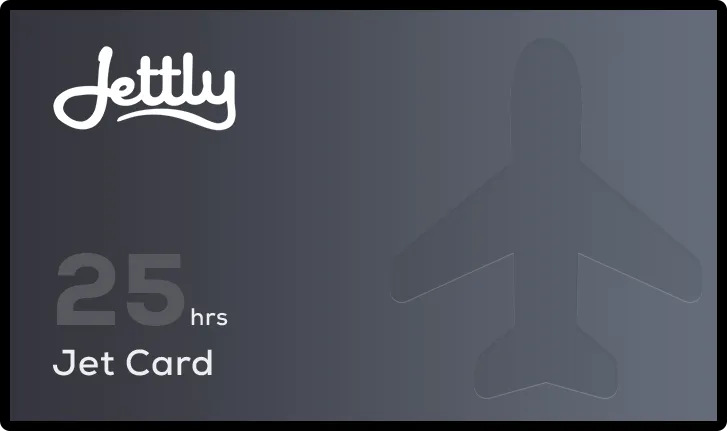 Jettly Jet Card graphic showing 25 flight hours and a subtle airplane silhouette on a dark gradient background.