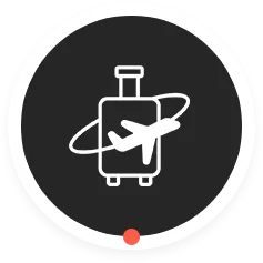 White suitcase with an airplane and orbit ring icon inside a dark circle.