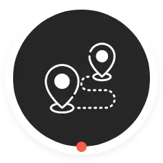Icon showing two location markers connected by a dotted path inside a black circle.