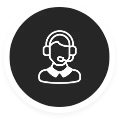 White line icon of a customer service representative wearing a headset inside a circular dark background.