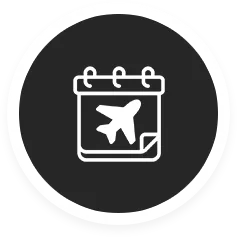Icon of a calendar with an airplane symbol representing travel dates.