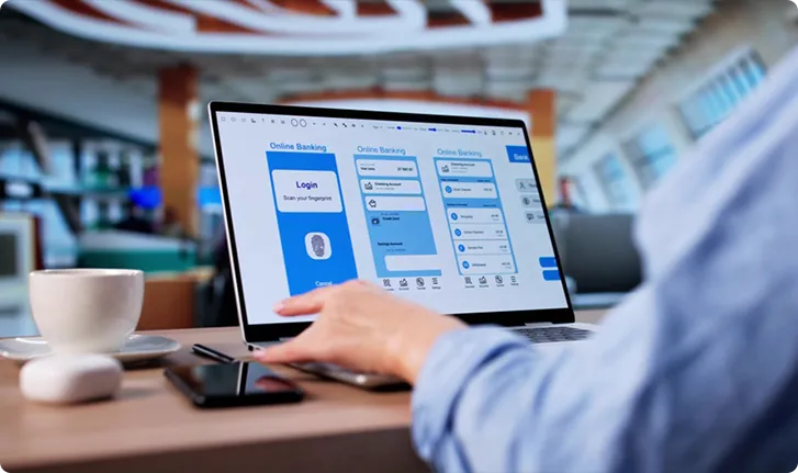 Person using a laptop showing online banking login screen with fingerprint scan option in a cozy indoor setting.