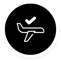 Icon of an airplane with a checkmark above it inside a black circle with a white border.