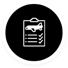 Clipboard icon with an airplane silhouette and a checklist inside a black circle.