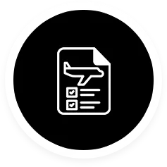 Icon of a checklist on a document with an airplane symbol, inside a black circle with white border.