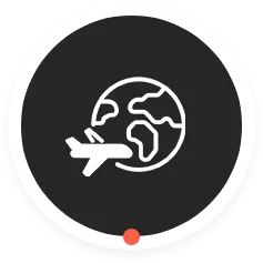 White airplane icon flying in front of a globe on a dark circular background.