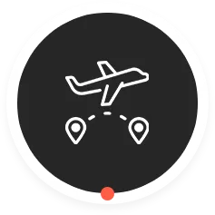 White airplane icon flying in front of a globe on a dark circular background.