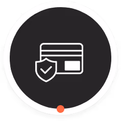 Icon of a credit card with a shield and checkmark symbolizing secure payment inside a circular border.