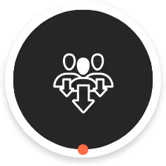 Icon of three people with ties above a downward arrow inside a dark circle with a white border and a small red dot at the bottom.