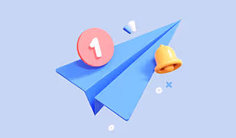 Blue paper airplane with a red notification bubble showing the number 1 and a small yellow bell icon on a light blue background.
