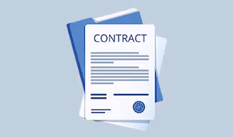 Illustration of a white contract document with text lines and a blue seal, placed over two closed blue folders on a light blue background.