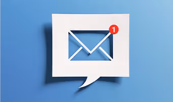 White chat bubble with an envelope icon inside and a red notification badge with the number 1 on a blue background.