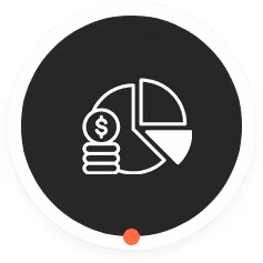Icon of a pie chart with a stack of coins and a coin showing a dollar sign in front, representing budgeting or financial planning.