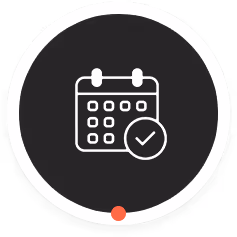 White calendar icon with a check mark inside a dark circle with a white border and a small red dot at the bottom center.