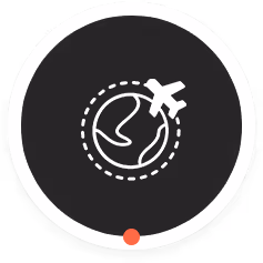 Icon of a white airplane flying around a globe with dashed path on a dark circular background with a white border and a small red dot at the bottom.