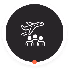 Icon of an airplane flying above three people figures inside a circular dark background with a white border.