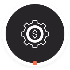 White gear icon with a dollar sign in the center on a black circular background with a white border.
